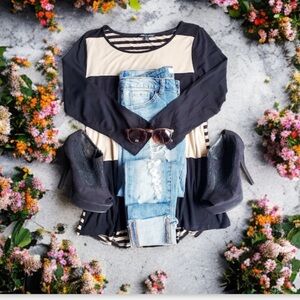 Cable & Gauge striped long sleeve shirt-black /tan Sz M adorable !βββββ π-EUCβ